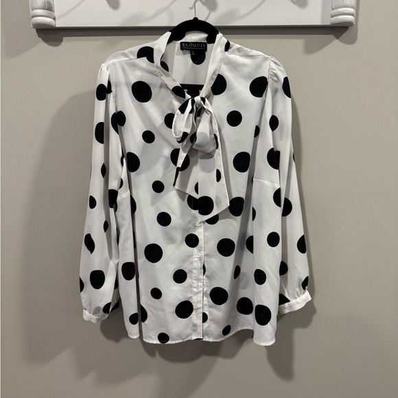 ELOQUII Size 22 Black and White Polka Dot Tie Neck Blouse - Picture 3 of 9